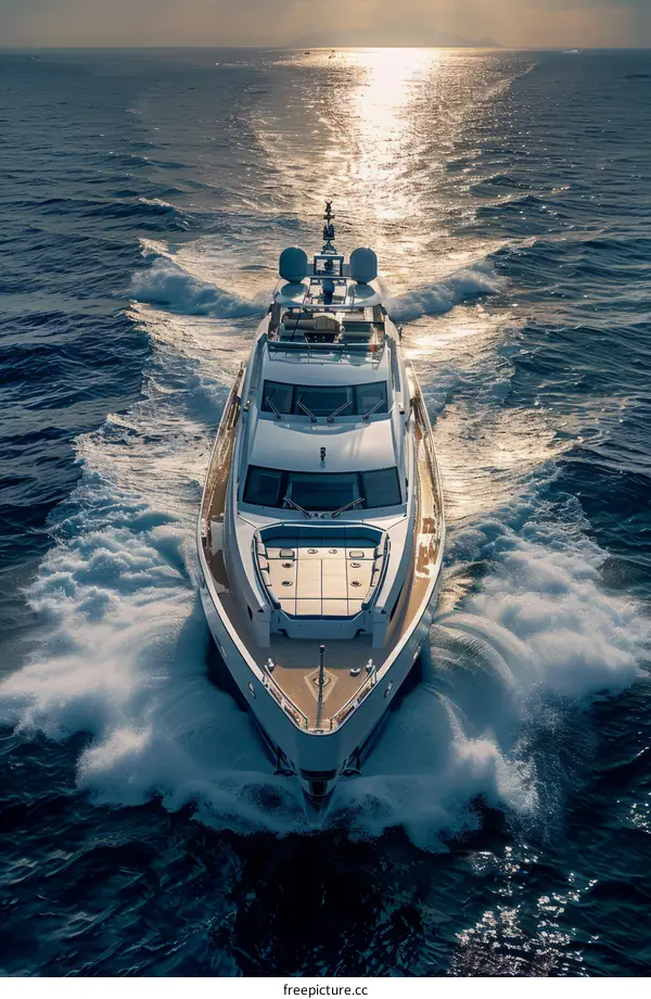 A luxury yacht is moving in the vast ocean