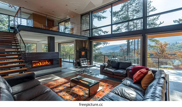 Modern Living Room with Fireplace and Floor-to-Ceiling Windows