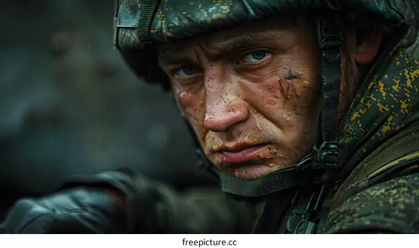 Portrait of a soldier who looks tired and has a scar on his face