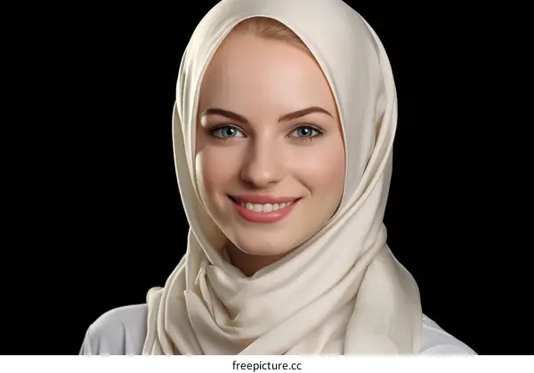 A young blonde woman wearing a white headscarf smiles at the camera.