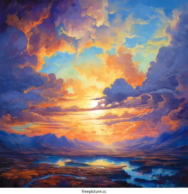 Sunset Over a Mountain Range: Vibrant Fantasy Landscape Painting