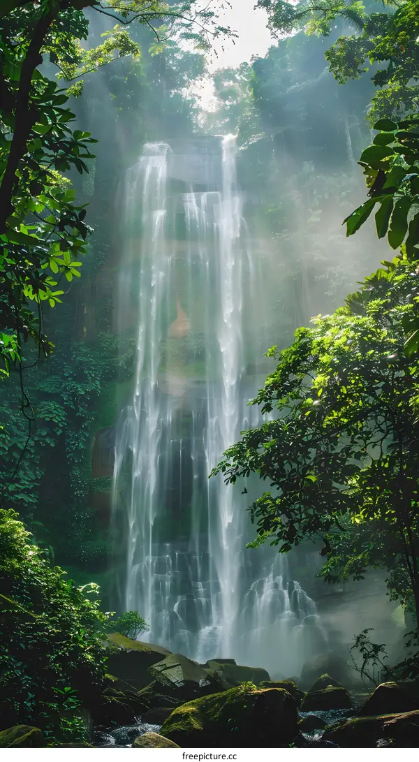 Tall Waterfall In Lush Green Forest