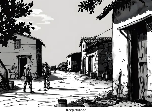Black and White Illustration of a Street in a Village with Three People