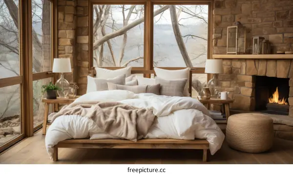 A cozy bedroom with a fireplace and a view of the woods