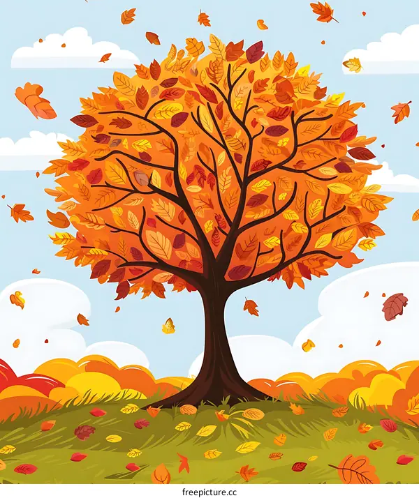 Autumn Tree With Falling Leaves Illustration
