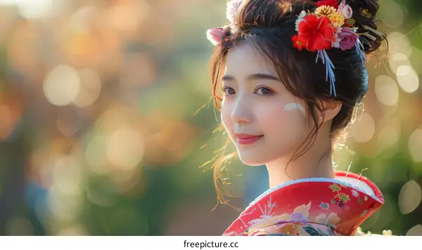 Portrait of a beautiful Japanese woman in traditional kimono