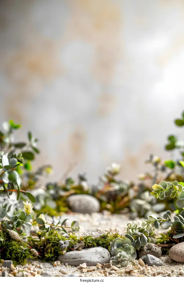 Green Plants and Stones on Sand Background