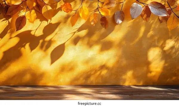 Autumn Leaves Shadow on a Golden Wall Background