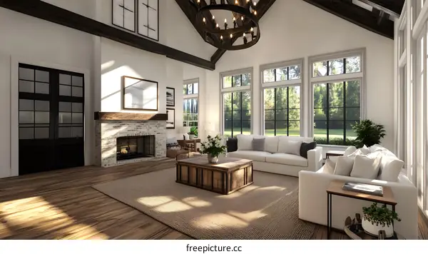 Modern Farmhouse Living Room Interior Design with Fireplace and Large Windows