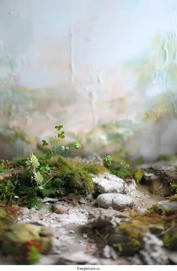 Green Mossy Landscape with Stones and Plants
