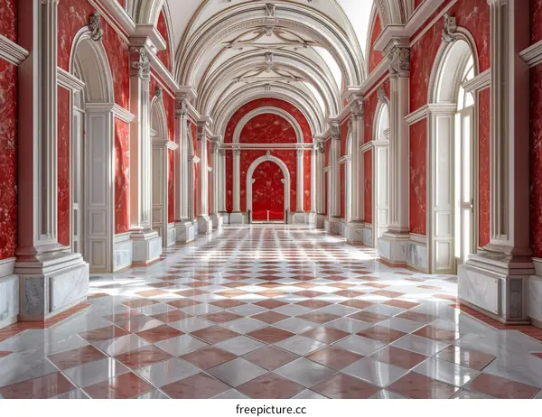 Red and White Marble Checkerboard Floor in a Grand Hallway