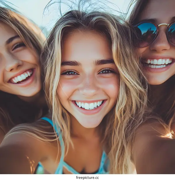 Three Beautiful Young Women Friends Smiling Selfie