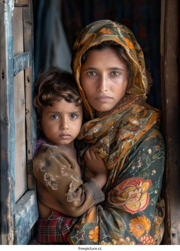 A mother and her child in a doorway.
