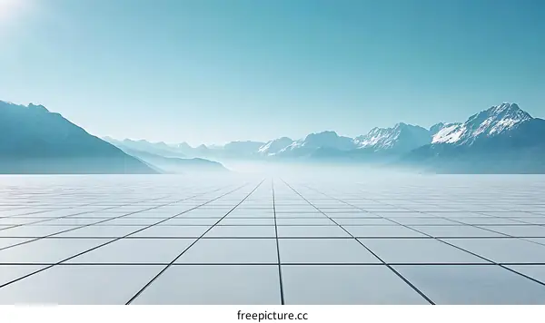 Empty Square Tiled Ground with Snowy Mountains