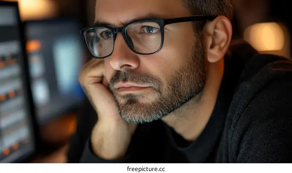 Focused Caucasian Man Working Late Night