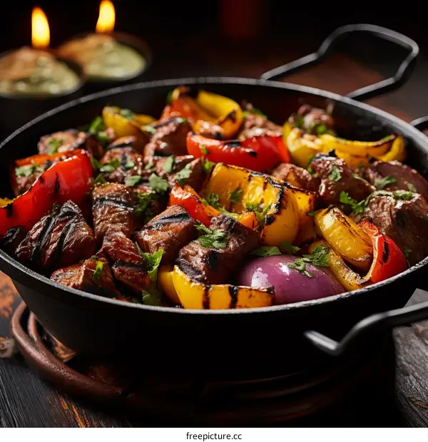 A sizzling hot plate of beef and bell peppers