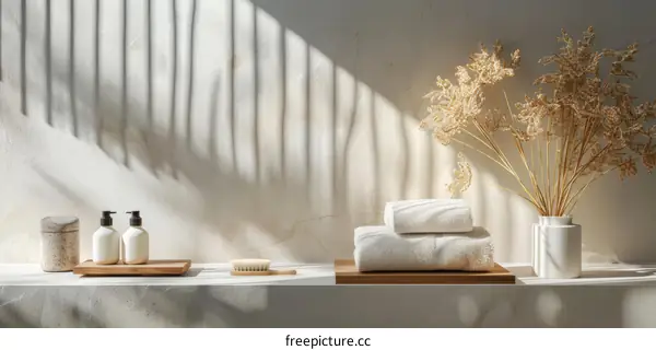Dried plants and toiletries on a wooden shelf against a beige background