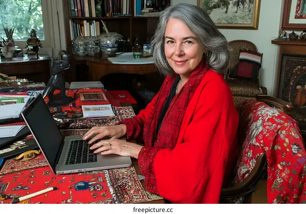 Woman Working on Laptop in Home Office