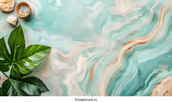 Abstract Green and White Marble Background with Tropical Leaves