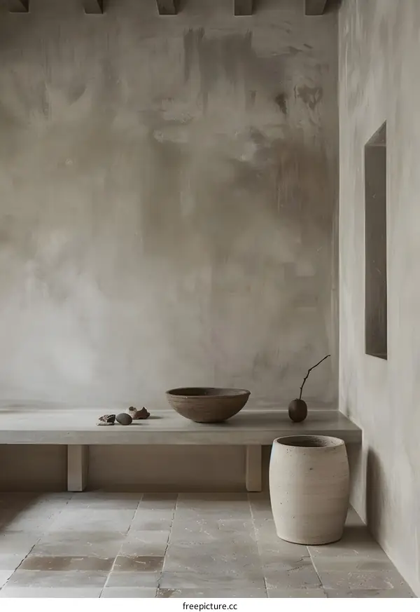 Minimalist Interior Design with Concrete Wall and Wooden Bowl