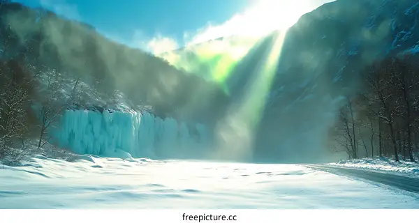 Frozen Waterfall in Winter Landscape