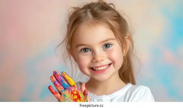 Little girl with colorful painted hands
