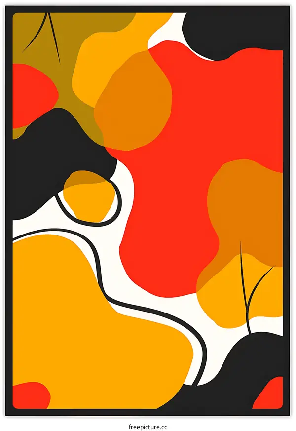 Abstract Art With Black and White Lines On Red Orange and Yellow Shapes
