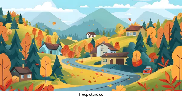 Autumn Village Landscape With Winding Road And Mountains In The Background