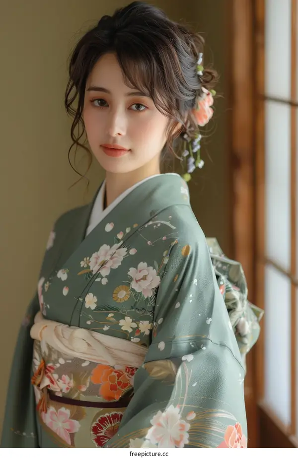 Young Woman Wearing Traditional Japanese Kimono with Floral Pattern