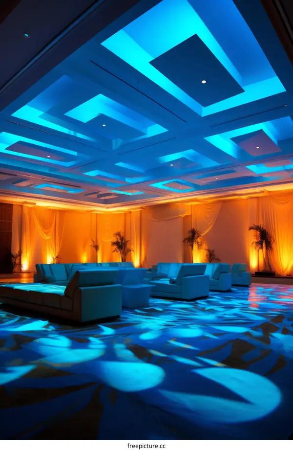 Modern Blue & Orange Hotel Ballroom with Palm Trees