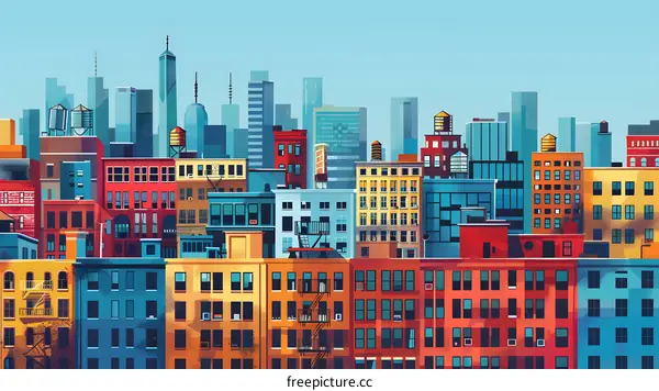 Colorful Cityscape Illustration with Buildings and Sky
