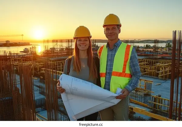 Construction Engineers Inspecting Construction Site at Sunset