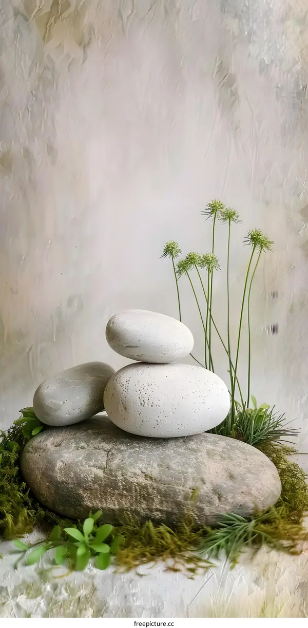 Stack of Round Stones on Mossy Surface with Plants