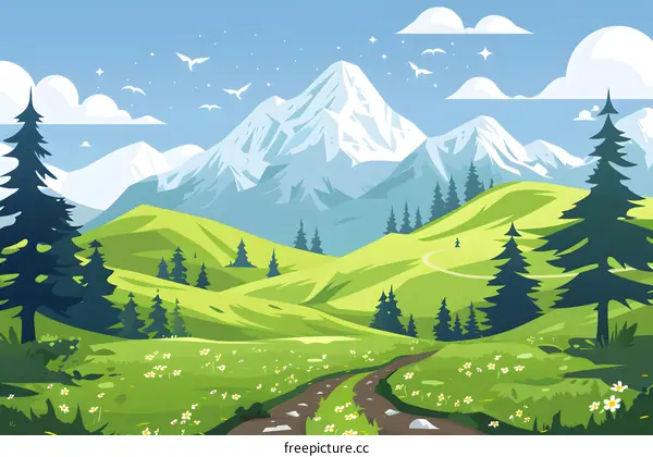 Green Hills Landscape With Snowy Mountain Background