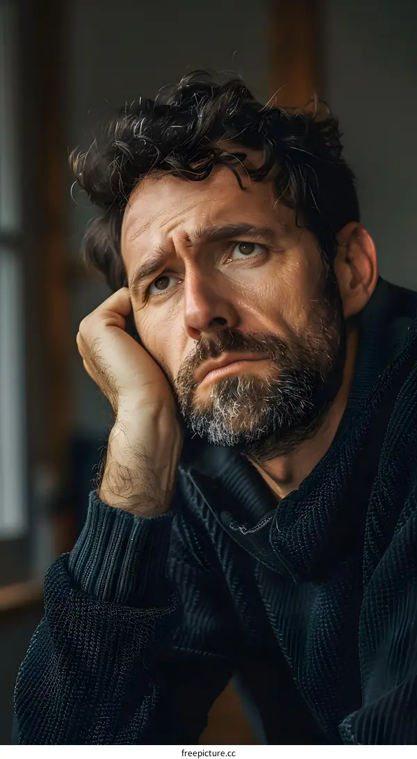 Man with beard and dark hair leans his head on his hand