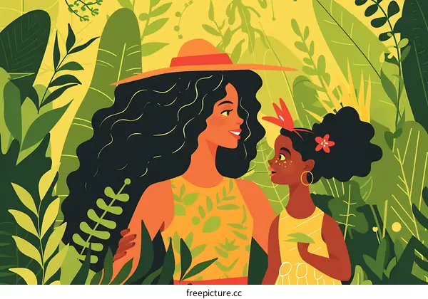 Mother and Daughter in a Lush Tropical Garden