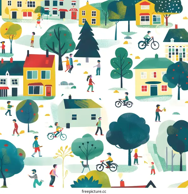 Colorful Illustration of People in a Suburban Neighborhood