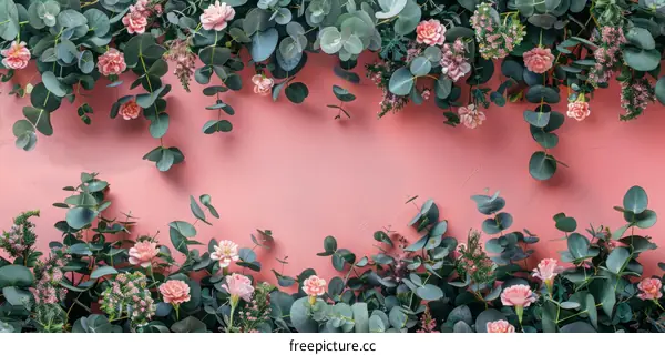 Pink flowers and eucalyptus leaves on a pink background