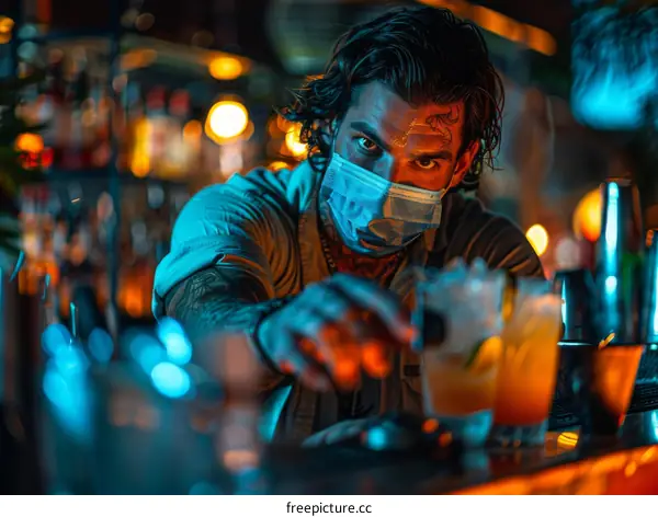 Bartender wearing mask at bar