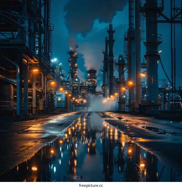 Illuminated Oil Refinery at Night with Water Reflections