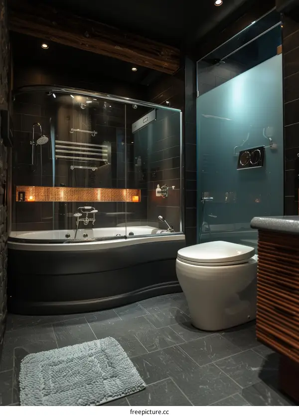 Modern Dark Bathroom with Jacuzzi and Glass Shower