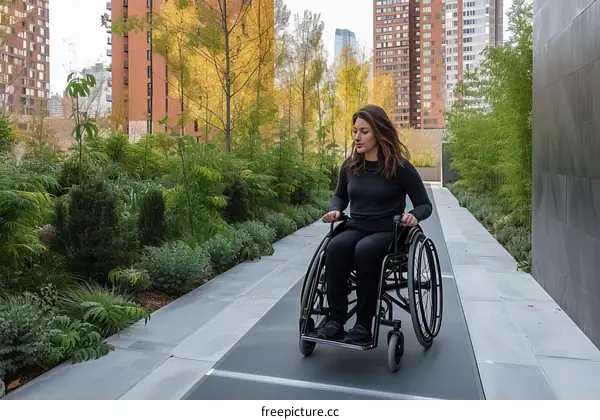 A woman in a wheelchair on a city street