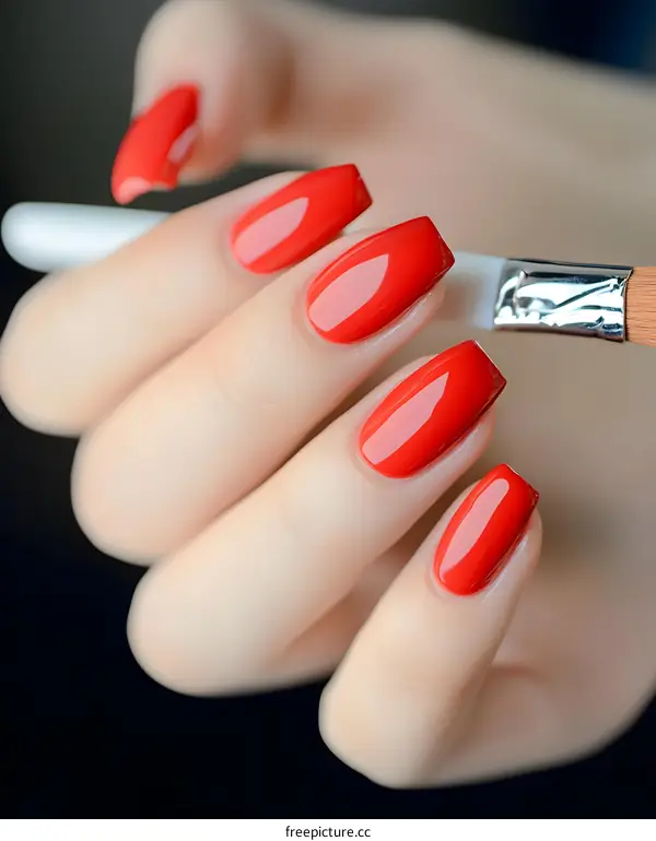 Woman Hands with Red Gel Polish Nails Closeup