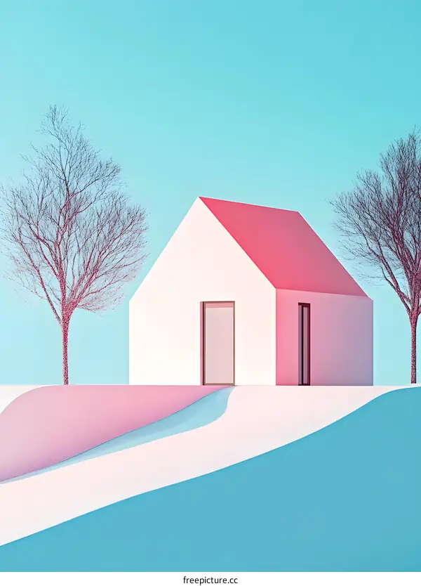 Minimalist White House with Pink Roof and Blue Sky
