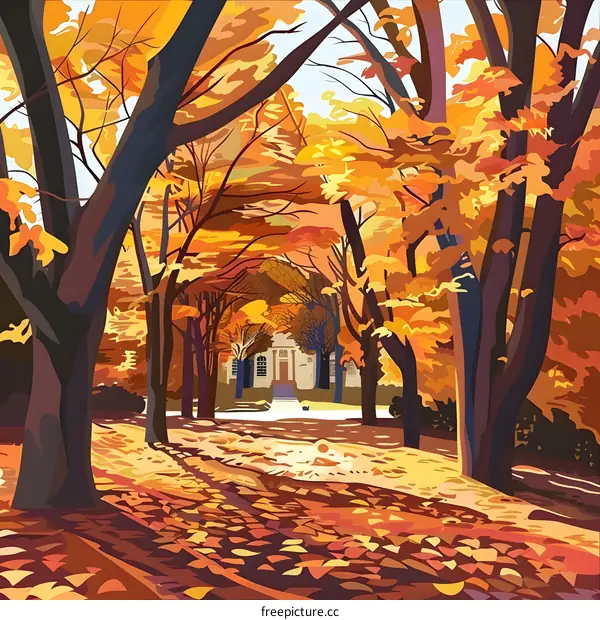 Autumnal Forest Pathway with House in the Distance