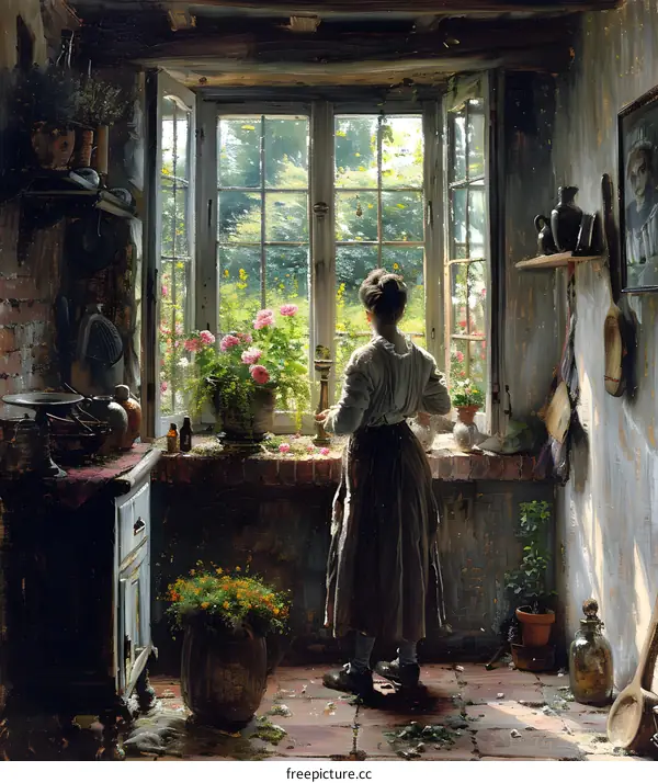 A woman standing in a kitchen looking out the window