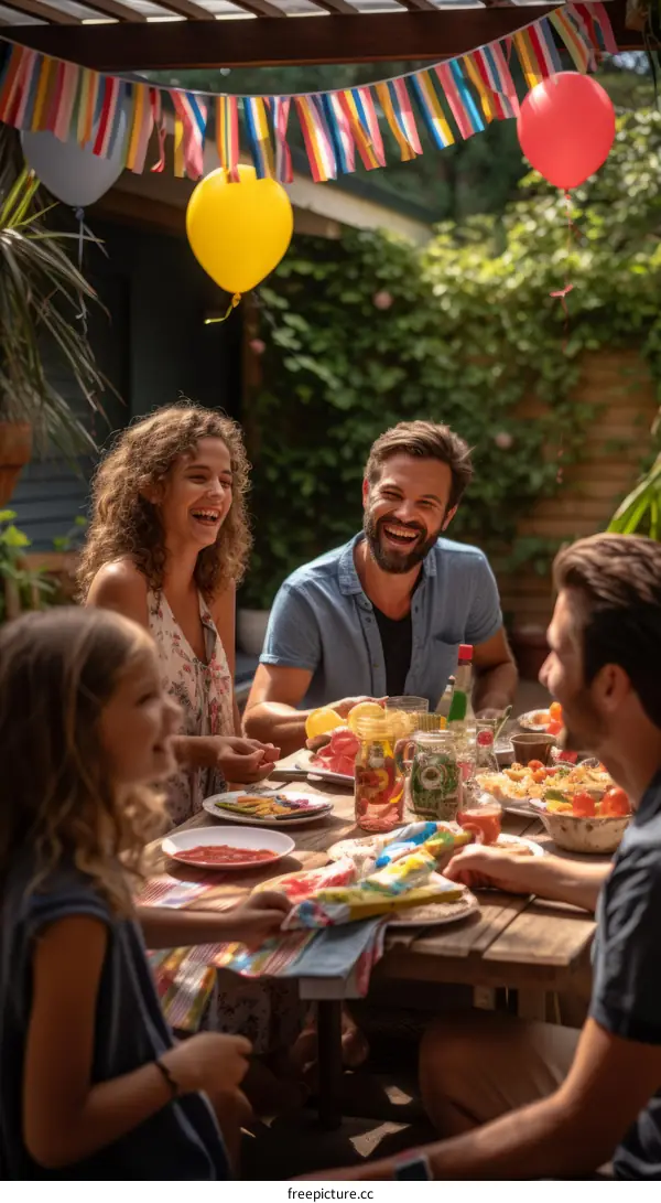 A family is having a barbecue in their backyard.
