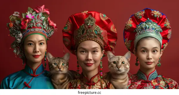 Three Asian women in traditional Chinese clothing with cats