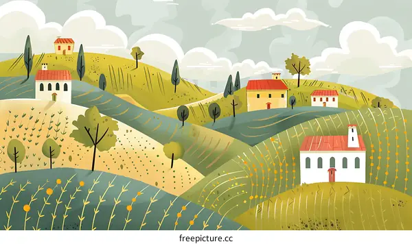 Beautiful Countryside Landscape With Hills and Houses