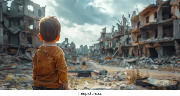 Little boy looking at the ruins of his destroyed city